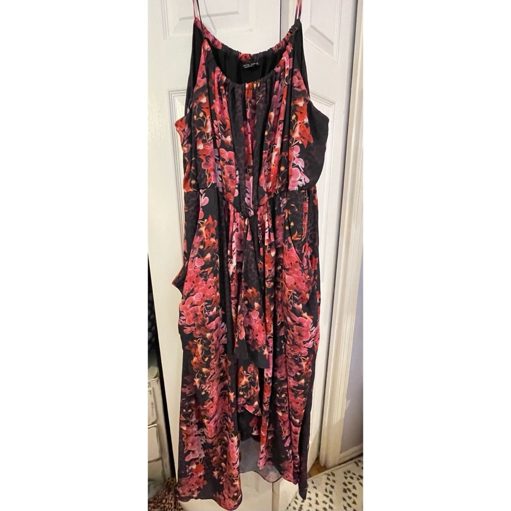 City Chic Black Maxi Dress with Pink & Red Floral Print NWOT